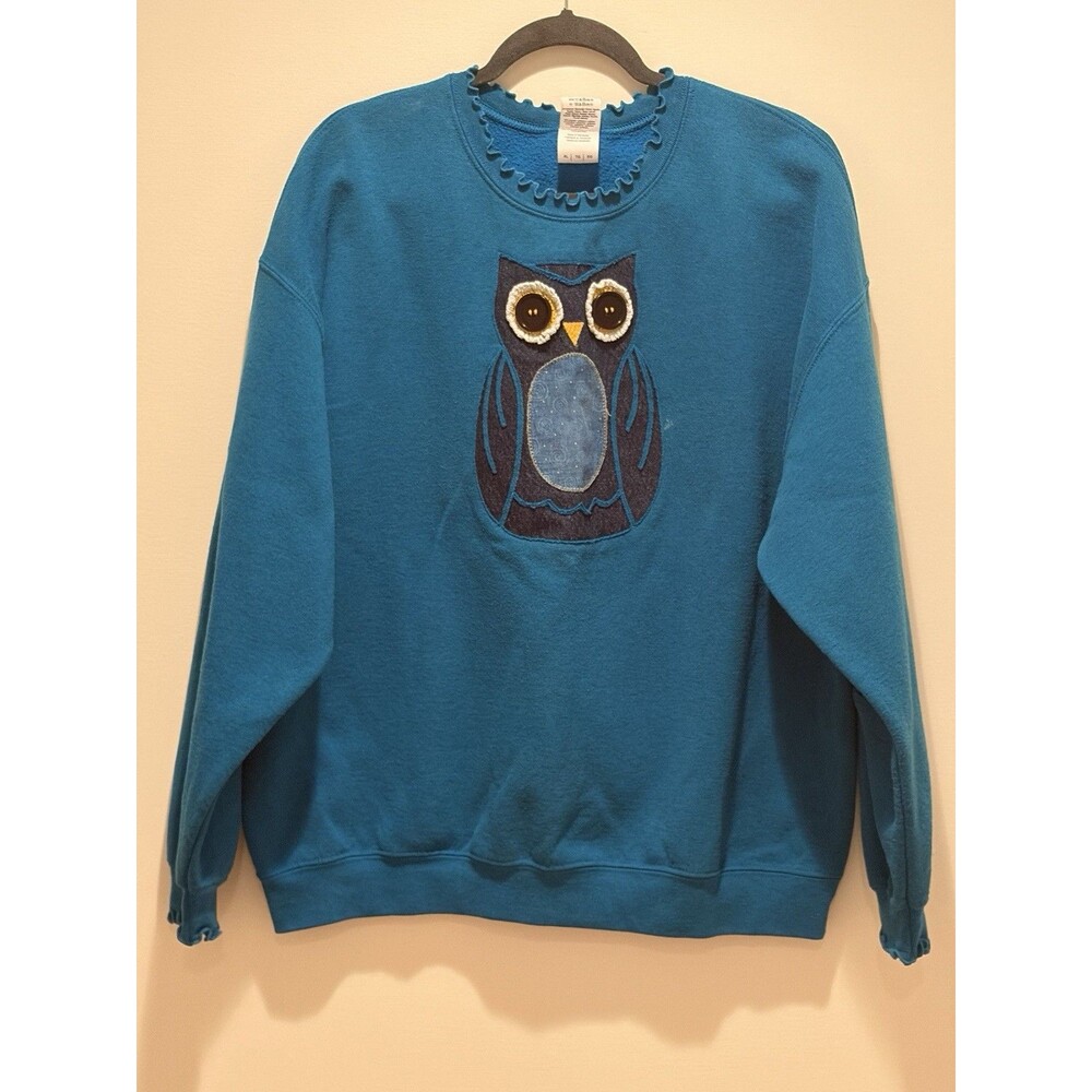 Vtg Owl Sweatshirt Womens XL Blue Hand Made Bespoke Embellishments Halloween
